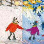 Illustration von zwei Fuchsfiguren im Schnee, die sich die Hand reichen. Links fährt eine rote Figur, rechts spielen Figuren im Schnee.