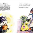 Text: "Hallo, ich bin’s, Perla, Nicos Wachhündin und beste Freundin..." Illustration: Ein Hund trägt einen Kürbiskorb, Kinder sind verkleidet.