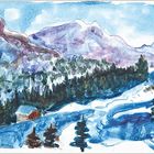 Eine Aquarelllandschaft mit Bergen, Wald und Fluss. Links eine Holzhütte, winterliche Farben in Blau- und Lilatönen.