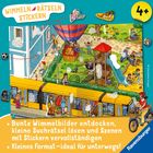 **Titel:** "WIMMELN RÄTSELN STICKERN".  
**Text:** Bunte Wimmelbilder entdecken, kleine Suchrätsel lösen.  
**Altersempfehlung:** 4+.  
**Illustration:** Szene mit Heißluftballon, Spielplatz, Straßenbahn.