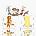 Ein Affe hält Bilder von einer Giraffe und einem Lama und eine Schere, daneben sind Illustrationen dieser Tiere.