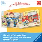"Mit Drehscheiben, Klappen und Schiebern"; "ab 18 M."; "Für kleine Fahrzeug-Fans"; "Erstes Spielbuch zum Schieben, Drehen, klappen". Illustration eines Feuerwehr- und Polizeieinsatzes.