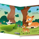 Links: "Wer hoppelt da durch den Wald?... Schau doch mal nach!" Rechts: Illustration mit Hase, Rehen und Eule.