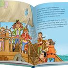 Texte beschreiben ein Piratenschiff-Abenteuer. Eine bunte Illustration zeigt Kinder in Rettungswesten auf einem Schiff.