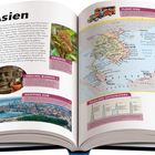 Texte: "Asien", "The Basics", "Stats", "Geo Whiz", "Primates", "Smiling Buddha", "Shipping Hub", "Dueling Skyscrapers".  
Links Text und Bild von Buddha, rechts Karte und Hochhaus.