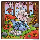 © 2026 Disney/Pixar. Eine Illustration mit Person, Katze, aufgeschlagenem Buch in Herbstlandschaft.