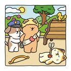 Ein Hund mit Polizeihaube hält einen Engel-Bären mit Flügeln fest. Ein gelber Vogel auf einer Bank, schlafende Katze.