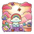 Illustration: Eine lächelnde Wolke meditiert unter einem Regenbogen in einer bunten Traumlandschaft, mit Blumen, Schmetterlingen und Tasse.