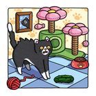 Ein Comic zeigt eine erschrockene schwarze Katze vor einem Kratzbaum mit rosa Blumen und einem Futternapf.