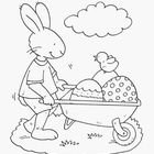 „Male das Bild schön bunt aus.“ Ein Hase schiebt eine Schubkarre mit Eiern; ein Vogel sitzt darauf, eine Wolke oben.