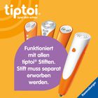 Text: "Funktioniert mit allen tiptoi® Stiften. Stift muss separat erworben werden." Darstellungen von orange-weißen Stiften.