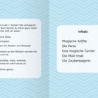 Links: Tipps für Erstklässler zum Lesen. Rechts: Inhaltsverzeichnis mit Kapiteln wie "Magische Kräfte" und "Die Müll-Insel". Hintergrund mit Zickzack-Muster.