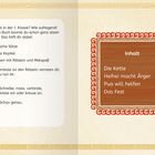 Links Hinweise für Erstklässler mit Aufgaben, rechts ein Inhaltsverzeichnis in einem verzierten Rahmen.