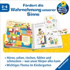 Fördert die Wahrnehmung unserer Sinne. Illustration eines Buches mit bunten Formen und Kindern beim Entdecken.