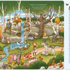 „Hilf Rotkäppchen beim Blumenpflücken und tippe deine Lieblingsblumen an.“ „Rotkäppchen ist vom Weg abgekommen...“ 

Eine bunte Illustration: Ein Wald mit Tieren, Bären, Wolf und Rotkäppchen. Ein Häuschen mit Mühlrad, Blumen und ein Bach.