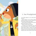 "1. Das Frostglöckchen" Eine Illustration zeigt einen lachenden Hasen mit gelber Jacke, der eine Zeichnung mit blauer Blume hält.