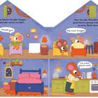 Text: „In der Gute-Nacht-Straße 1 liegen die Mäusekinder schon im Bett.“ Drei Mäusekinder in Betten, eins in der Küche.