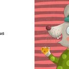 Text: "Maus". Illustration einer Maus mit Mütze, grünem Pullover und Käse in der Hand vor gestreiftem Hintergrund.