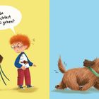 Links Text: "OH, du möchtest Gassi gehen?" Rechts Text: "Los geht's!" Illustration: Junge und Hund, fröhlich und aufgeregt.