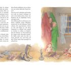 Texte erzählen von einem Schuster und kleinen Männern, die nachts Schuhe fertigen. Illustration: Zwei Wichtel arbeiten fleißig.