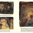 Eine Illustration zeigt ein Kind, das aufgeregt ein leuchtendes Ei hält und es später vorsichtig im Kamin platziert.