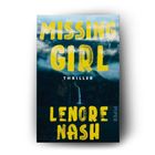 Text: "MISSING GIRL, THRILLER, LENORE NASH, PIPER." Hintergrund: Düsterer Wasserfall bei bewölktem Himmel.