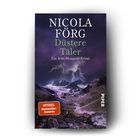 Buchtitel: "Düster Täler" von Nicola Förg, mit einem bergigen Gewittermotiv und dem Hinweis auf eine Bestseller-Autorin.