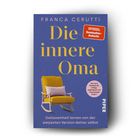 "Die innere Oma" von Franca Cerutti, gelbes Schaukelstuhl-Illustration, violetter Hintergrund, Bestseller-Hinweis.