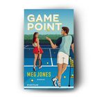 "Game Point" steht oben, darunter "Meg Jones, Roman". Zwei Personen auf einem Tennisplatz mit Schlägern und Bällen.