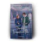 Text: „ALINE SCHWARZ“, „Through Tempest and Tide“, „Roman“, „everlove“. Illustration: Zwei Personen am Geländer. Hintergrund: Stadtansicht.