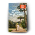 "Jane Goodall fährt nach Rom" von Ilona Jerger. Illustration: Zwei Personen gehen auf einen Parkweg, Rom im Hintergrund.