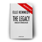 Text: "Vorläufiges Cover, Elle Kennedy, The Legacy, Endlich erwachsen, everlove." Weißer Hintergrund, schlichtes Design.