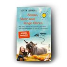 Titel: "Sonne, Meer und lange Ohren". Ein Esel und eine Frau in einer Hängematte auf einem blauen Hintergrund.