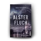 "ALSTER FLUCH: Ein Hamburg-Krimi von Bodo Manstein. Dunkler Himmel mit Blitz, Wasser und Brücke im Hintergrund."