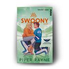 „Mr. Swoony – Roman“, „Piper Rayne“, „Chicago Falcons“. Illustration: Frau sitzt auf Knie eines Eishockeyspielers.