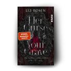 „Her Curse Your Grave“, „LIZ ROSEN“, „PIPER“, „SPIEGEL Bestseller-Autorin“. Frau in rotem Kleid vor dunklem, verziertem Spiegel.