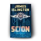 "SCION" von James Islington. Illustration eines schwebenden Astronauten über einer futuristischen Stadtlandschaft.