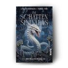 Text: "Lena Falkenhagen | Thomas Finn; Im Schatten Simyalas; Der Basiliskenkönig." Illustration: Ein großer, weißer Drache in einer mystischen, bewachsenen Ruine.