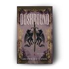 "Duskbound", "Die Schatten in ihr", "Grenwich & Lennox". Zwei Drachen flankieren ein Schwert vor einem violetten Hintergrund.