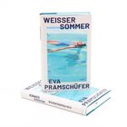 Buchcover mit den Texten: "WEISSER SOMMER", "EVA PRAMSCHÜFER". Illustration einer Frau, die im Wasser treibt.