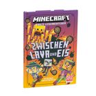 „Zwischen Lava und Eis“; Minecraft Buchcover mit drei Figuren und fliegenden Kugeln, Minecraft-Logo oben.