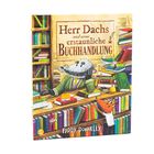 „Herr Dachs und seine erstaunliche Buchhandlung“, Illustration mit Dachs an einem vollgepackten Tisch in einer bunten Buchhandlung.
