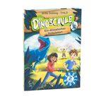Buchtitel: "Die Dinoschule: Ein dinostarker Schulstart". Illustrationen zeigen Kinder und einen blauen Dinosaurier in einer Landschaft.