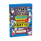Buchtitel: "Tom Gates - Tierisch schräge Partys". Buntes Cover mit Comic-Zeichnungen und vielen kleinen Figuren.