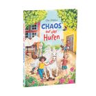 Cover eines Kinderbuchs: "CHAOS auf vier Hufen" von Ellie Mattes. Illustration zeigt fröhliche Kinder mit Pony in einer lebhaften Szene.
