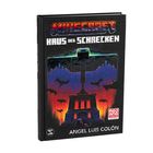 „Minecraft: Haus der Schrecken“ von Angel Luis Colón. Illustration zeigt ein pixeliges Gebäude mit Fledermäusen.