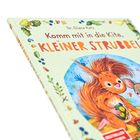 Text: „Komm mit in die Kita, KLEINER STRUBBEL!“. Illustration: Ein fröhliches Eichhörnchen mit einem Spielzeug.