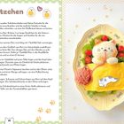"Müdes Kätzchen" mit Rezeptanleitung. Niedliche Darstellung eines schlafenden Kätzchens aus Reis auf einem Teller.