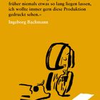 Zitat: "Mein Gedicht-Ehrgeiz ist zero..." von Ingeborg Bachmann. Illustration mit Person, Schreibmaschine, Blatt Papier auf gelbem Hintergrund.