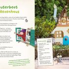 „Kräuterbeet mit Hexenhaus“, Anleitung in sechs Schritten, Materialien: Karton, Cutter, Kleber, Farbe. Illustration eines Hauses.